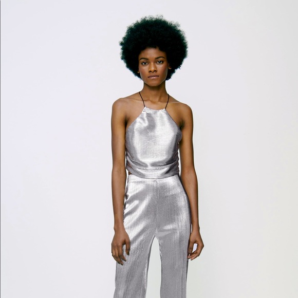Zara | Tops | Zara Silver Metallic Halter Open Back Top Size S | Poshmark